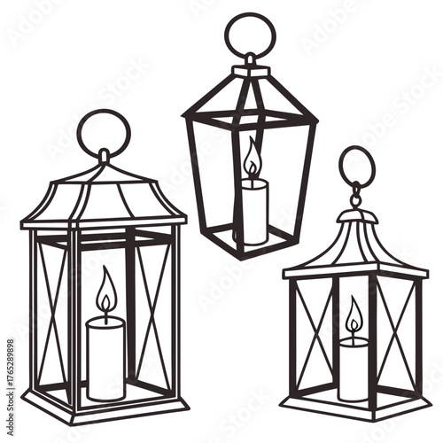 Three vintage lanterns with lit candles light