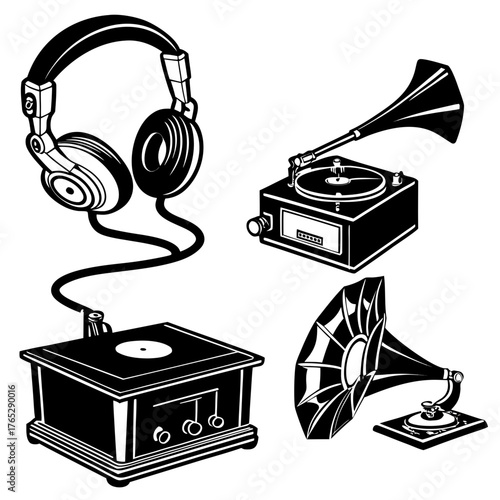 Vintage headphones and gramophones black and white illustration
