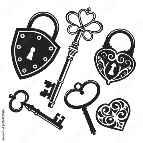 Vintage locks and keys silhouette collection heart