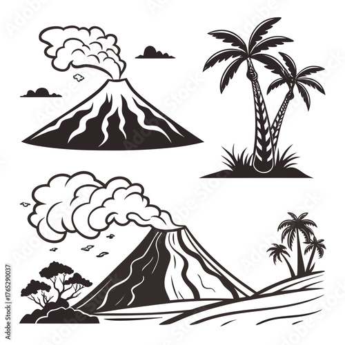 Volcano eruption and palm trees illustration smoke