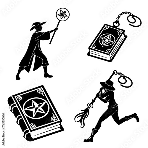 Wizard and witch silhouettes with magical books and staff