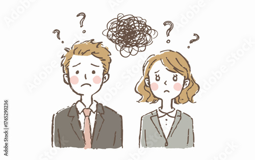현대 사회의 복잡한 업무와 예측 불가능한 상황 속에서 미래에 대한 불확실성으로 인해 깊은 고민에 빠진 비즈니스 복장의 남녀가 머리 위에 물음표와 엉킨 선을 띄우며 혼란스러운 감정을 섬세하게 표현한 벡터 일러스트레이션.