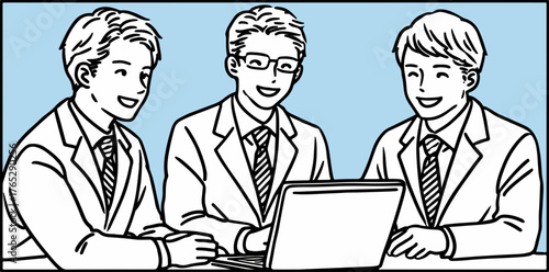 밝은 미소를 지으며 노트북 화면을 함께 바라보며 새로운 비즈니스 아이디어를 활발하게 논의하는 세 명의 젊은 직장인 남성들의 긍정적이고 협력적인 모습을 표현한 벡터 일러스트입니다.
