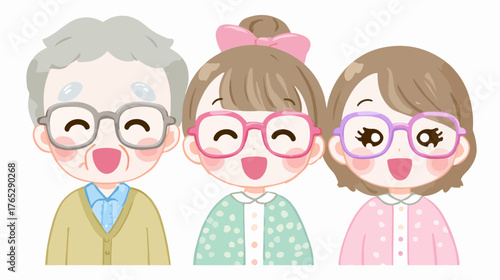안경을 착용한 할아버지와 젊은 여성, 그리고 어린 소녀가 환하게 웃으며 행복한 가족의 따뜻한 유대감을 표현하는 밝고 긍정적인 벡터 일러스트레이션입니다.