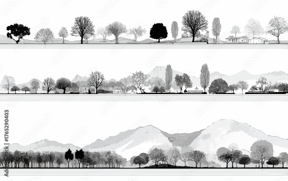 Obraz premium 다양한 종류의 나무들이 자연스럽게 어우러진 벡터 일러스트레이션으로, 자연의 아름다움과 평화로움을 섬세하게 표현했습니다.