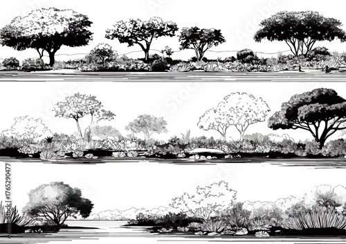 다양한 종류의 나무와 수풀이 있는 흑백 풍경 벡터 일러스트레이션으로, 자연의 아름다움을 간결하게 담아냈습니다.