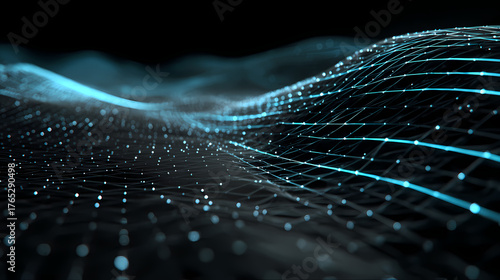 A network of glowing lines and particles against a dark background, illustrating data flow and connectivity