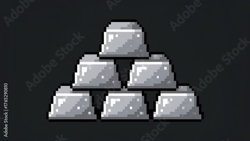 Pile of silver ingots stacked in a pyramid shape, shiny and metallic.