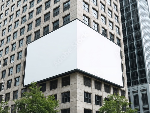 Large blank billboard mockup wrapped around the corner of a modern city building. Urban outdoor advertising space.