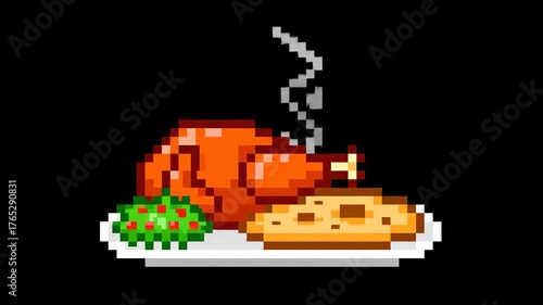 Pixelated image of a roasted chicken with side dishes, presented on a white plate, with steam rising.