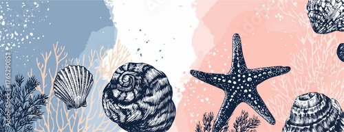 섬세한 해양 생물 드로잉 벡터 일러스트레이션으로, 해변 테마 디자인에 완벽하며 우아하고 자연스러운 느낌을 더합니다.