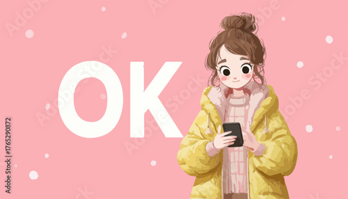 귀여운 소녀가 스마트폰을 보며 긍정적인 OK 사인을 보내는 모습