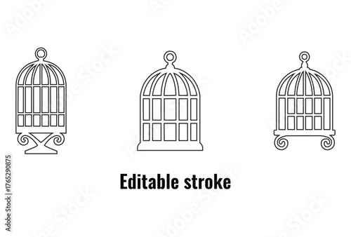 Bird cage editable stroke icon set, locked bird cage vector illustration
