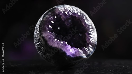Close-up of a geode, revealing a cavity filled with purple amethyst crystals, on a dark surface.