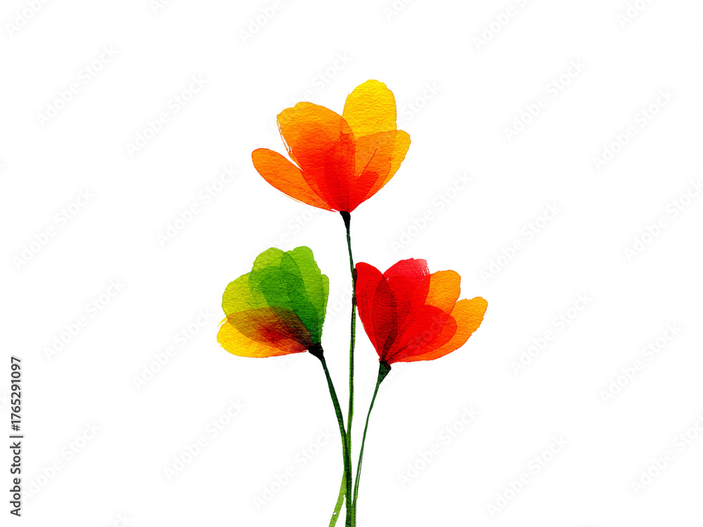 Obraz premium Abstract watercolor flowers orange red green black background, Isolated On White Background, Png Transparent