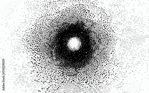 검은색과 흰색의 추상적인 원형 패턴은 빛나는 중심점을 향해 소용돌이치는 듯한 시각적 효과를 만들어냅니다.