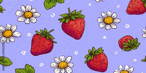딸기꽃과 데이지꽃이 조화롭게 어우러진 사랑스러운 패턴 디자인은 신선함과 자연의 아름다움을 담아냅니다.
