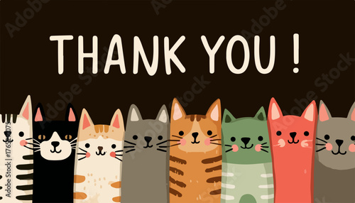 귀여운 고양이들이 줄지어 서서 감사 인사를 전하는 벡터 일러스트레이션으로, 따뜻하고 사랑스러운 느낌을 선사합니다.