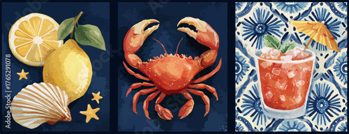 여름 해변의 상쾌함을 담은 그림으로, 레몬, 조개껍질, 게, 칵테일이 시원한 해변 분위기를 연출합니다.