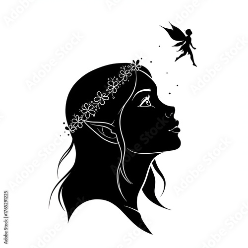 Silhouette illustration of an elf woman and a fairy looking upwards on a transparent background
