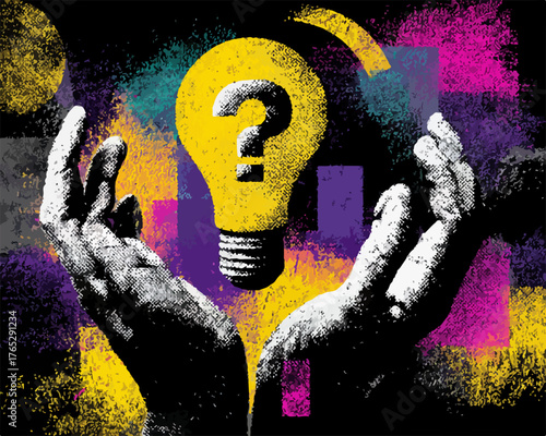 손 위에 놓인 전구와 물음표가 창의적인 아이디어를 상징하며, 벡터 그래픽으로 표현되어 디자인 요소로 활용하기 좋습니다.
