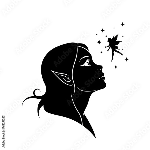 Silhouette of a woman looking at fairy with stars illustration on transparent background