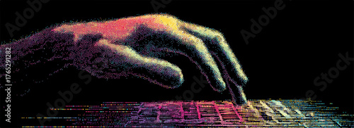 어두운 배경에서 키보드를 치는 손의 클로즈업 샷으로, 기술과 연결성을 상징하며 현대적인 느낌을 전달합니다.