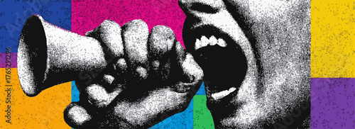 확성기를 들고 외치는 사람의 얼굴을 벡터 스타일로 표현하여 강렬한 메시지 전달과 사회적 참여를 강조합니다.