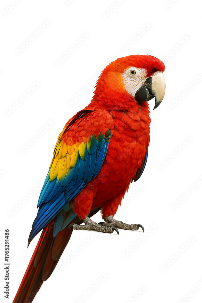 Fototapeta premium Scarlet Macaw Parrot Isolated on Transparent Background — Exotic Tropical Bird with Bright Feathers