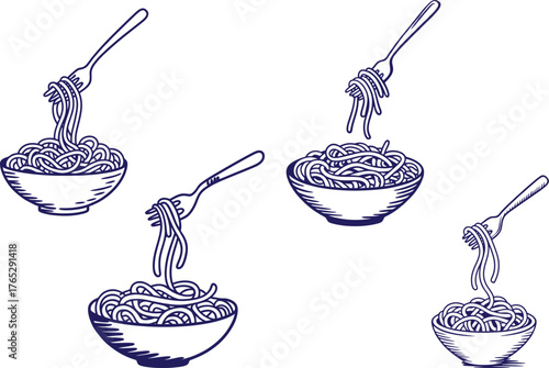 Delicious pasta bowls with twirling forks, tempting Italian cuisine line art design