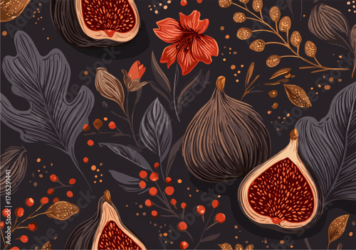 무화과, 꽃, 잎사귀 등의 요소로 구성된 아름다운 벡터 패턴으로, 어두운 배경과 화려한 색감이 조화롭게 어우러져 있습니다.