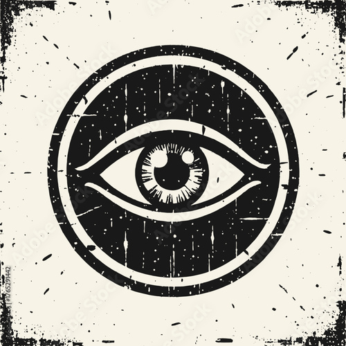 All-seeing eye symbol, vintage grunge texture, circular emblem design
