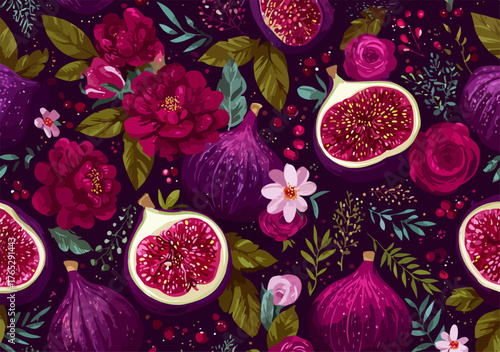 무화과와 꽃이 어우러진 아름다운 패턴 일러스트로, 섬세한 디테일과 생생한 색감이 돋보이는 벡터 디자인입니다.