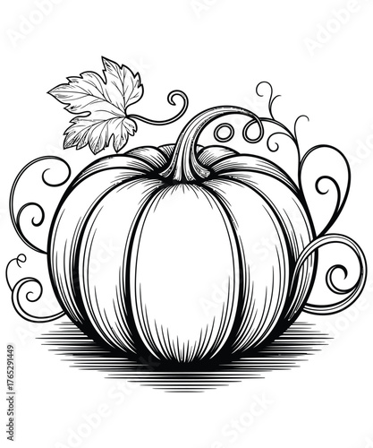 Beautiful pumpkin with leaf and vines, perfect for autumn decorations





