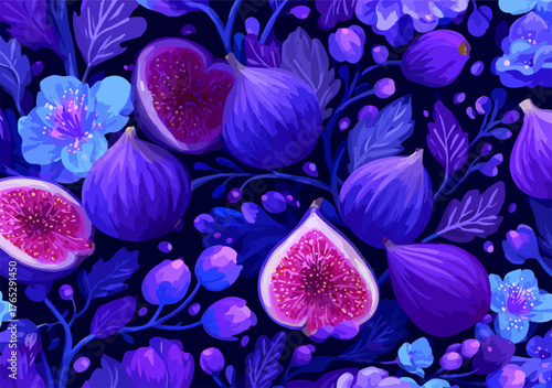보라색 무화과와 꽃이 어우러진 아름다운 벡터 패턴으로, 자연의 섬세한 아름다움을 표현했습니다.