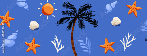 여름 해변의 분위기를 담은 벡터 일러스트레이션으로, 야자수, 불가사리, 조개껍질, 해초 등이 시원한 배경에 배치되어 있습니다.
