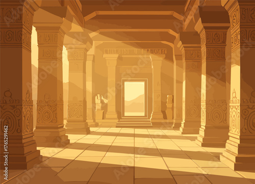 Ancient temple corridor with golden sunlight streaming through pillars