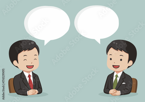 두 명의 사업가가 마주보고 대화하는 모습을 담은 벡터 일러스트레이션으로, 긍정적이고 협력적인 분위기를 연출합니다.