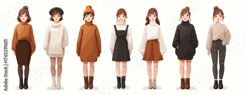 다양한 스타일의 여성 의류를 입은 만화 캐릭터들의 벡터 일러스트레이션으로, 패션과 스타일을 보여줍니다.
