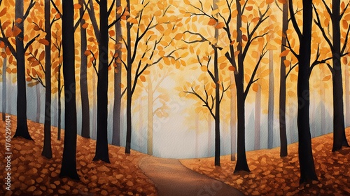 Enchanting autumn forest path with golden leaves.