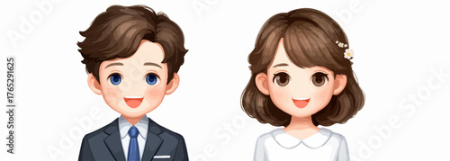 사랑스러운 스타일의 신랑 신부 캐릭터 일러스트로, 웨딩 테마 디자인이나 커플 관련 콘텐츠에 활용하기 좋습니다.