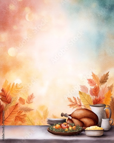 Thanksgiving feast with colorful autumn backdrop