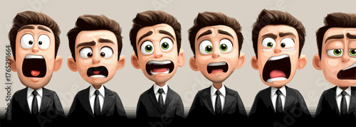 다양한 표정의 만화 캐릭터들이 공포와 놀라움을 표현하며, 벡터 형식으로 디자인되어 생생하고 재미있는 느낌을 줍니다.