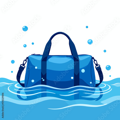 Blue waterproof bag floating in water with bubbles, cartoon style illustration
