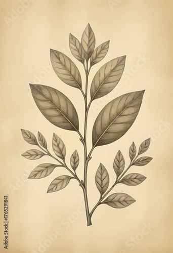 Botanical leaf branch sketch, vintage botanical drawing, detailed plant illustration