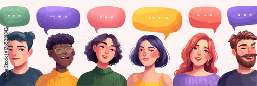 다양한 사람들이 말풍선으로 소통하는 모습을 벡터 그래픽으로 표현하여 현대적인 커뮤니케이션을 나타냅니다.