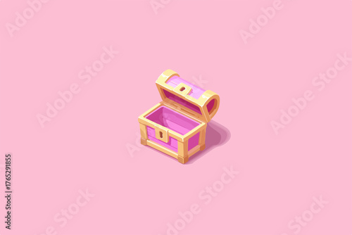 분홍색 배경에 놓인 열린 보물 상자의 벡터 삽화로, 게임 자산이나 어린이 디자인에 적합합니다.