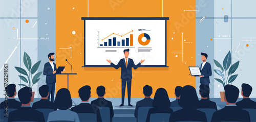 Business presentation with charts, modern office meeting room, flat design illustration