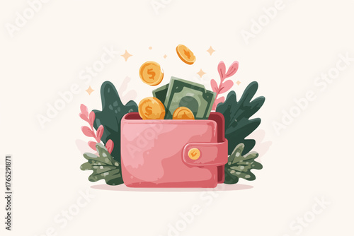 분홍색 지갑에서 돈과 동전이 쏟아져 나오는 벡터 일러스트레이션으로, 재정적 풍요와 번영을 상징합니다.
