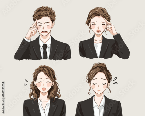 고민과 스트레스로 힘들어하는 남녀 직장인의 다양한 표정을 담은 일러스트로, 벡터 형식으로 제작되어 활용도가 높습니다.